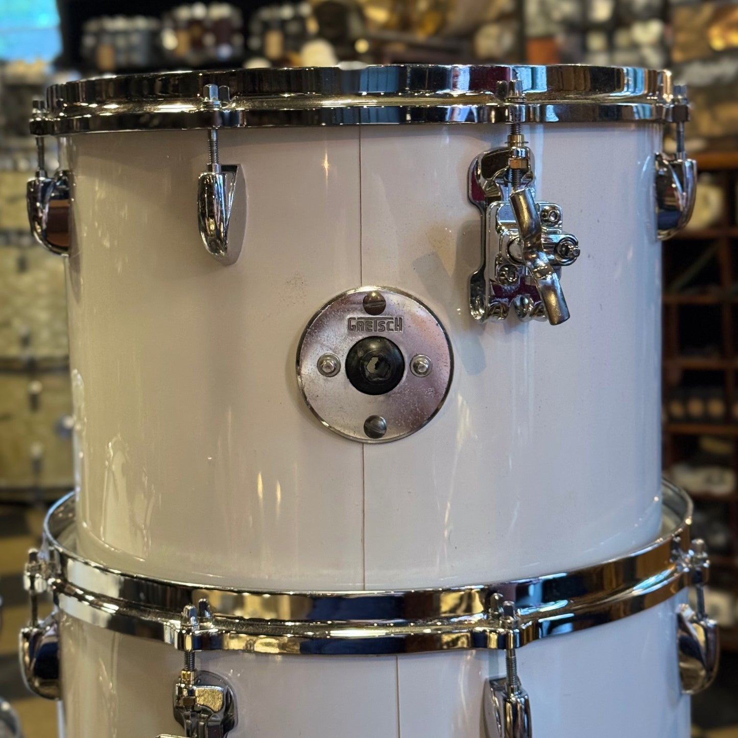 VINTAGE 1970's Gretsch Stop Sign Badge Concert Tom Kit in White Nitron - 14x24, 5x8, 6x10, 8x12, 9x13, 10x14, 12x15, 16x16
