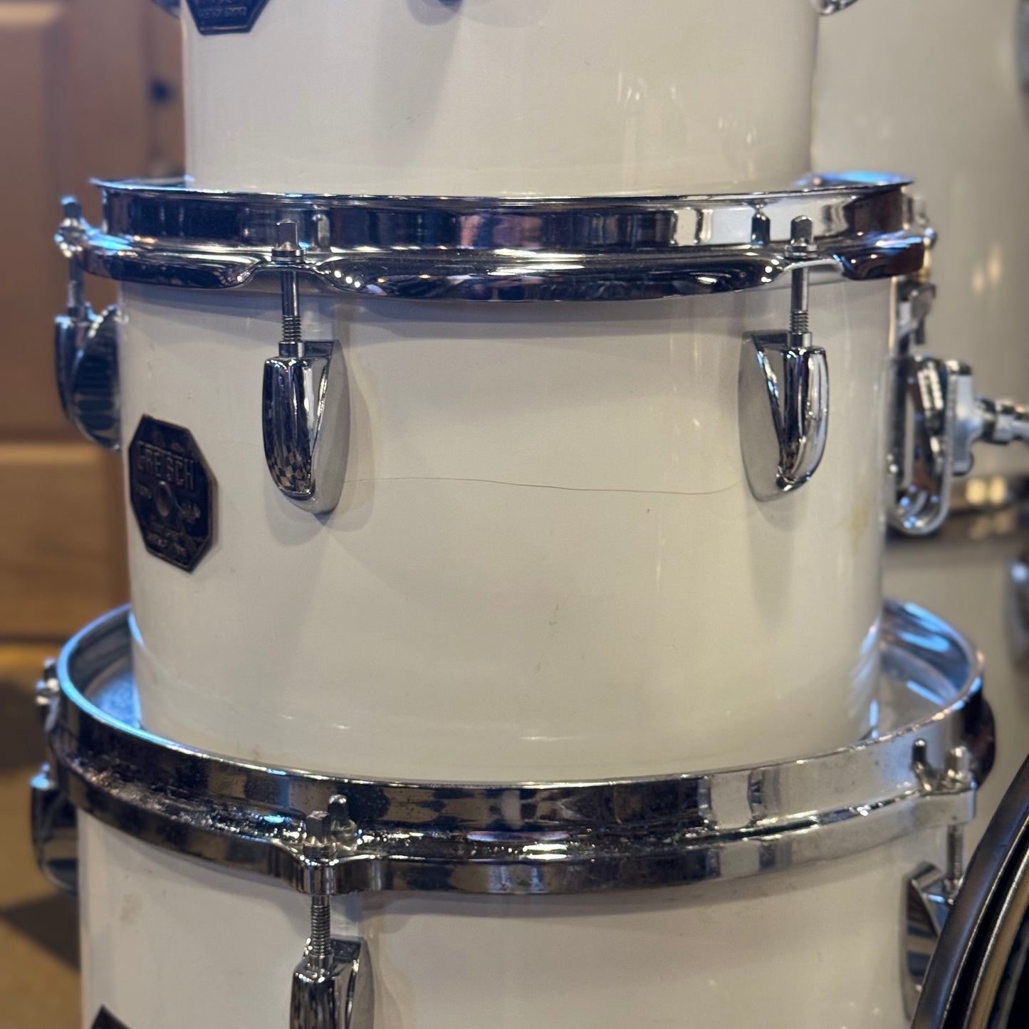 VINTAGE 1970's Gretsch Stop Sign Badge Concert Tom Kit in White Nitron - 14x24, 5x8, 6x10, 8x12, 9x13, 10x14, 12x15, 16x16