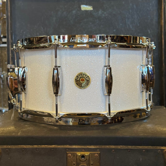 NEW Gretsch 6.5x14 Broadkaster Snare Drum in White Glass Glitter w/ Tone Control