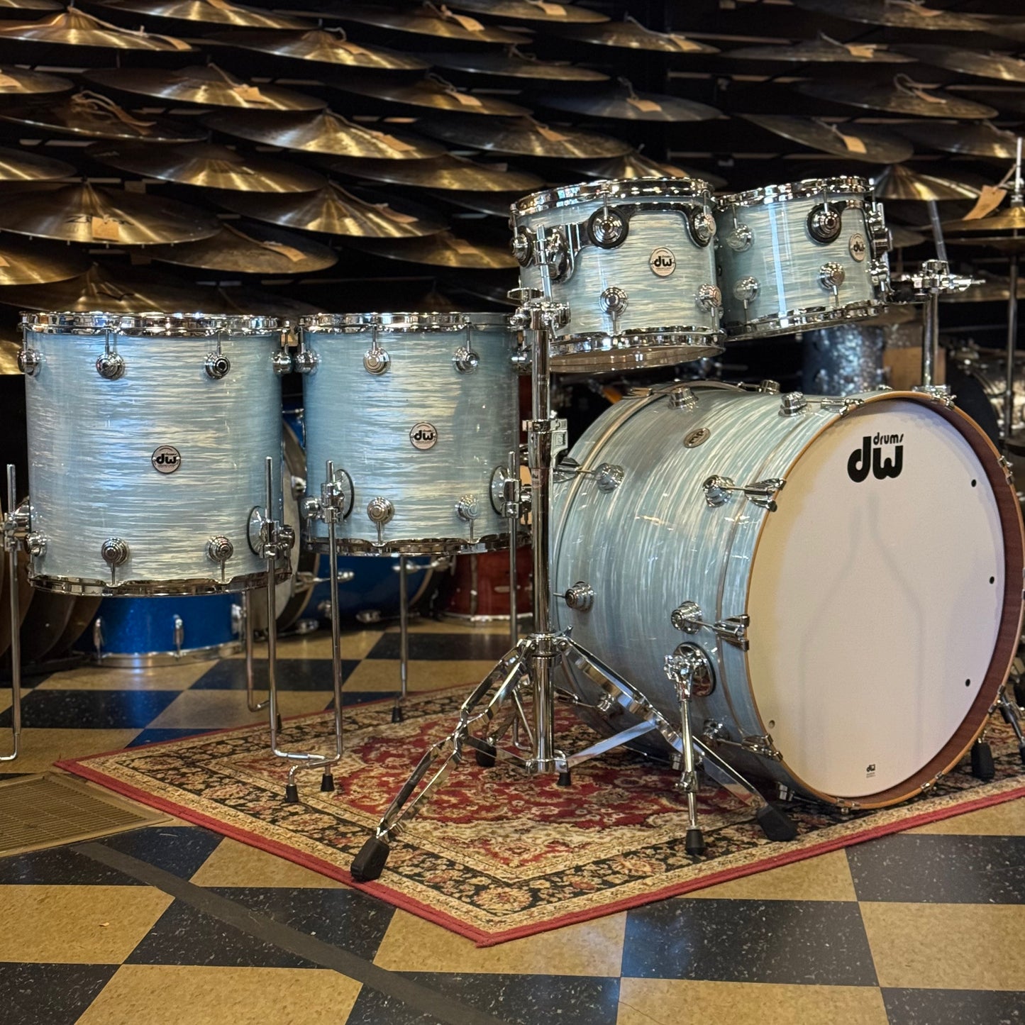 USED DW Collectors Series in Pale Blue Oyster (Birch Toms, Maple/Mahogany Bass Drum) - 16x24, 8x10, 9x12, 14x14, 16x16