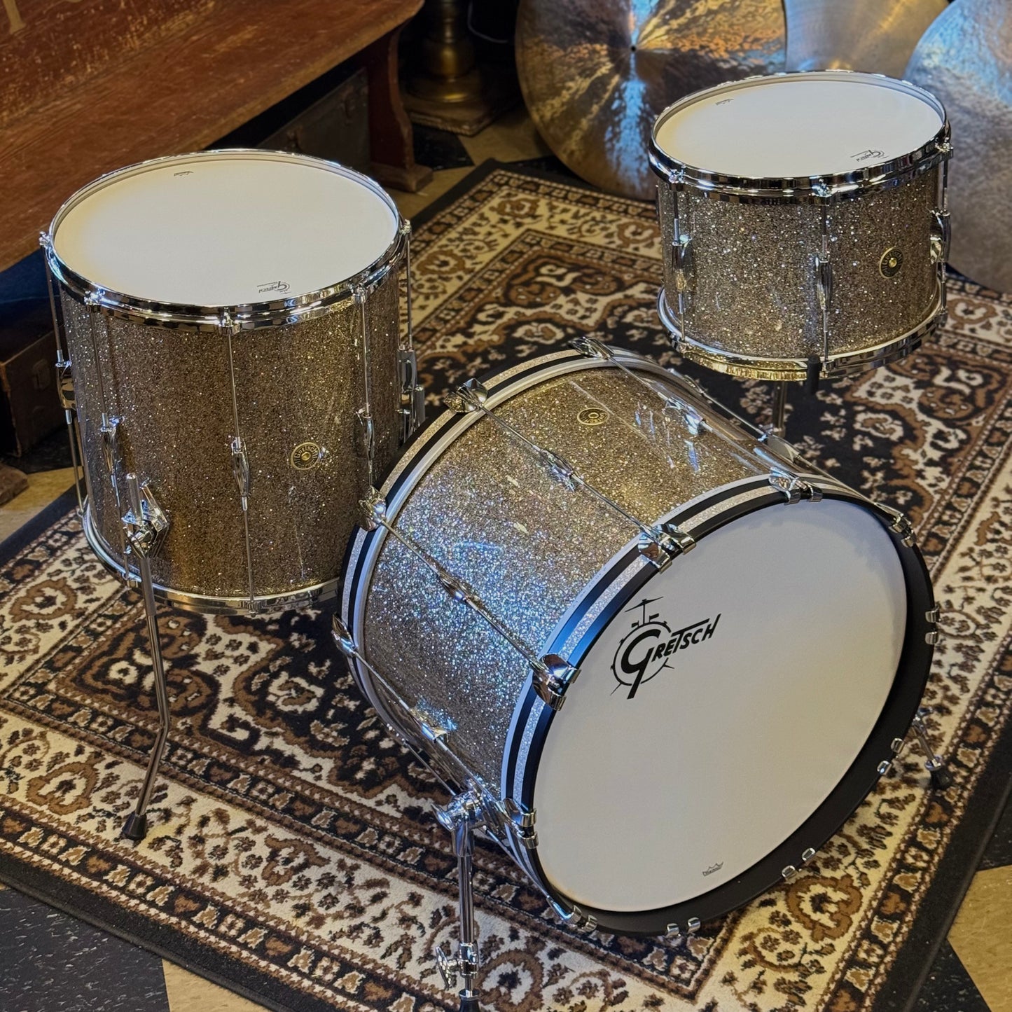 NEW Gretsch USA Custom Heritage Build Drum Set in Ginger Glass Glitter w/ Silver Glass Hoop Inlays - 14x22, 9x13, 16x16