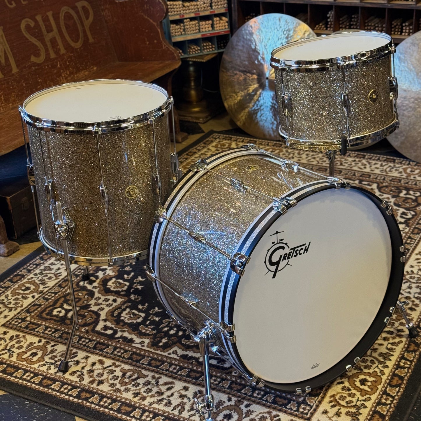 NEW Gretsch USA Custom Heritage Build Drum Set in Ginger Glass Glitter w/ Silver Glass Hoop Inlays - 14x22, 9x13, 16x16