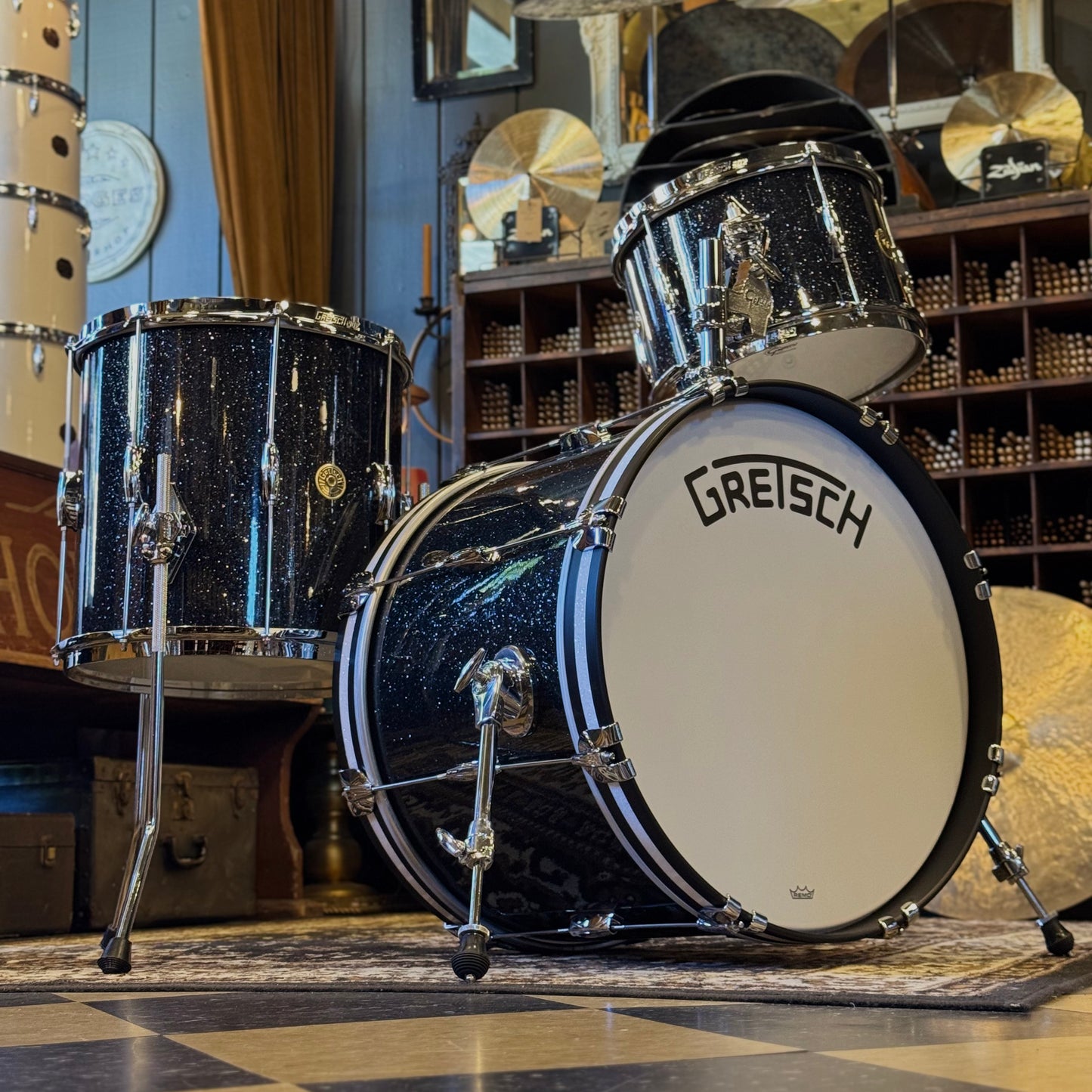 NEW Gretsch Broadkaster Heritage Build Drum Set in Black Glass Glitter w/ White Glass Glitter Hoop Inlays - 14x20, 8x12, 14x14