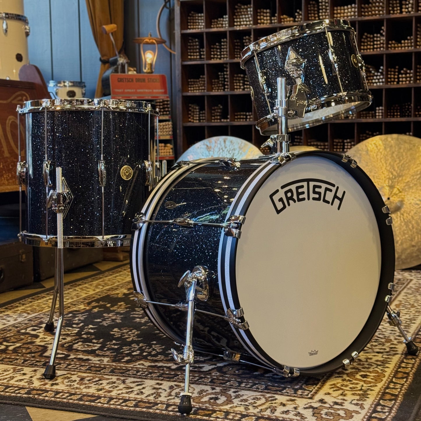 NEW Gretsch Broadkaster Heritage Build Drum Set in Black Glass Glitter w/ White Glass Glitter Hoop Inlays - 14x20, 8x12, 14x14