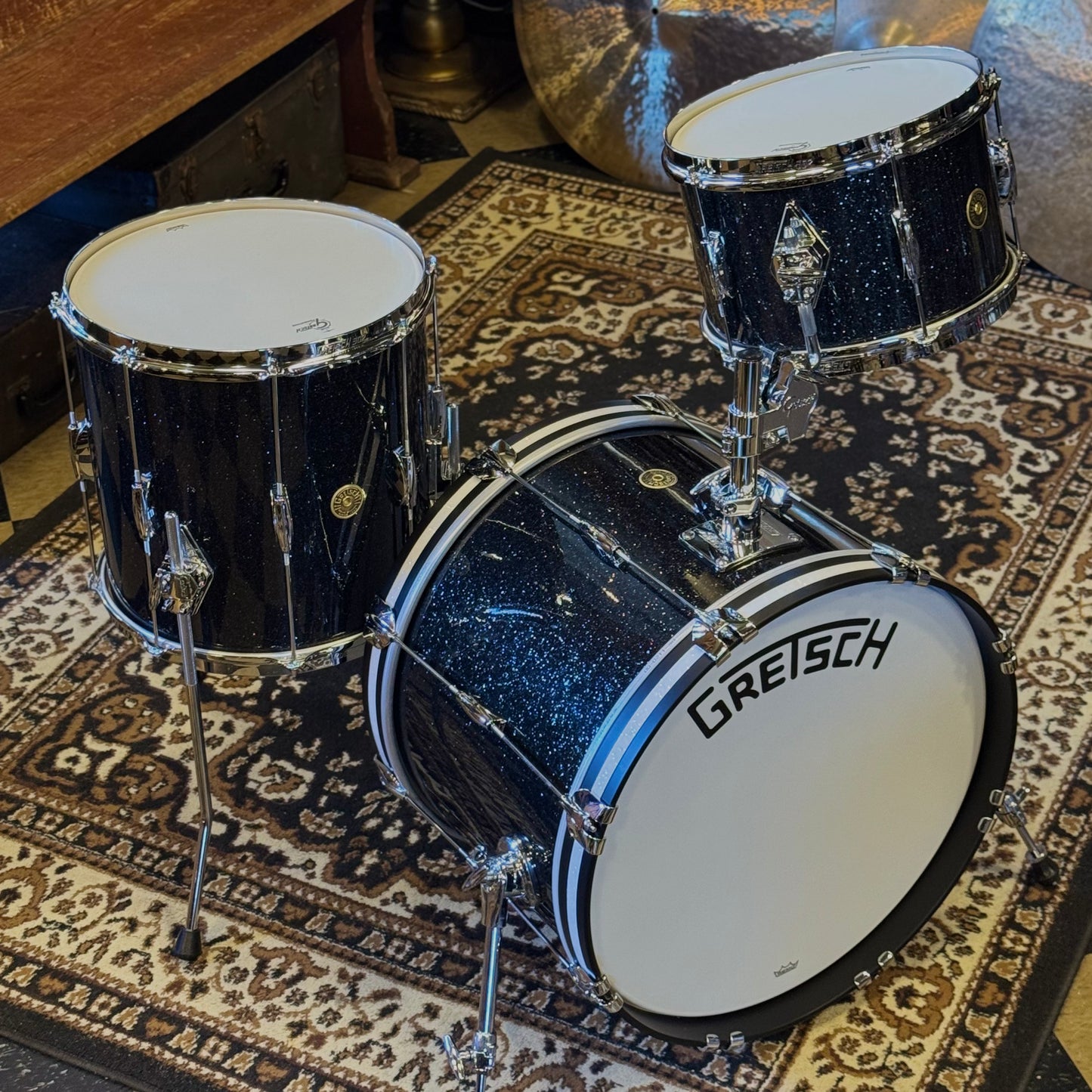 NEW Gretsch Broadkaster Heritage Build Drum Set in Black Glass Glitter w/ White Glass Glitter Hoop Inlays - 14x20, 8x12, 14x14