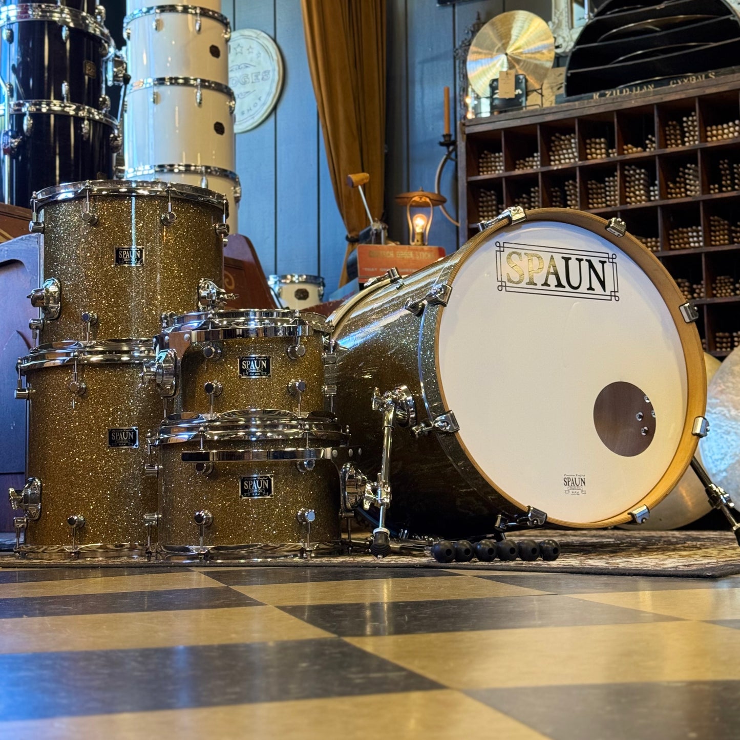 USED 2001 Spaun Drum Set in Gold Sparkle -18x20, 7x10, 8x12, 12x14, 14x16