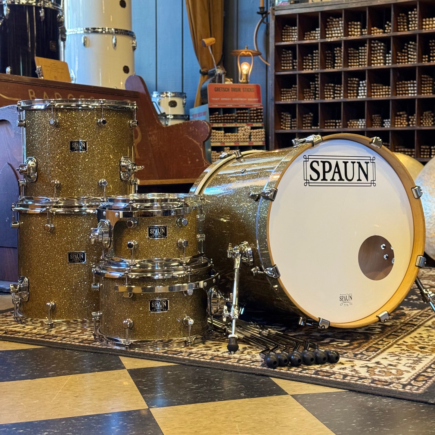 USED 2001 Spaun Drum Set in Gold Sparkle -18x20, 7x10, 8x12, 12x14, 14x16