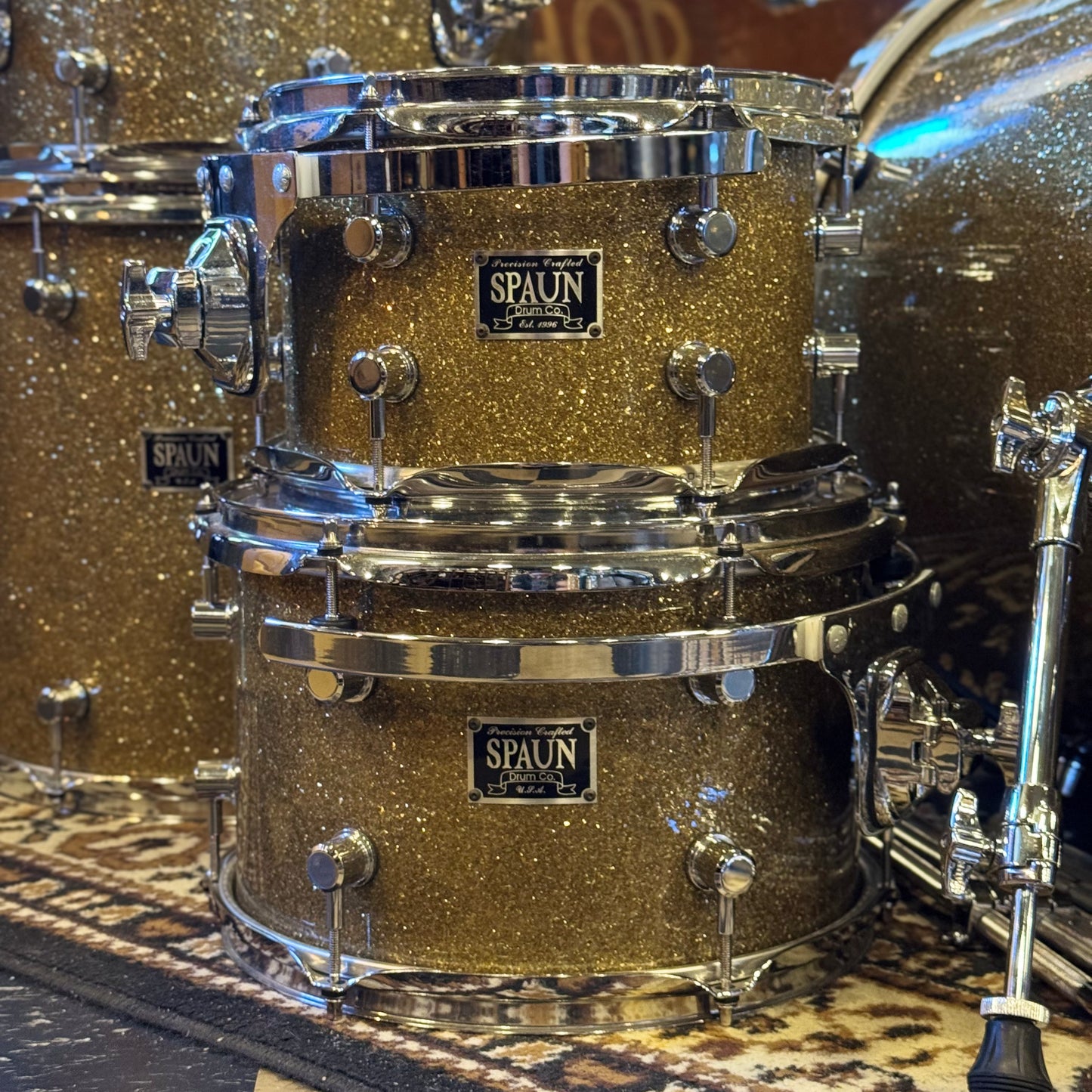 USED 2001 Spaun Drum Set in Gold Sparkle -18x20, 7x10, 8x12, 12x14, 14x16