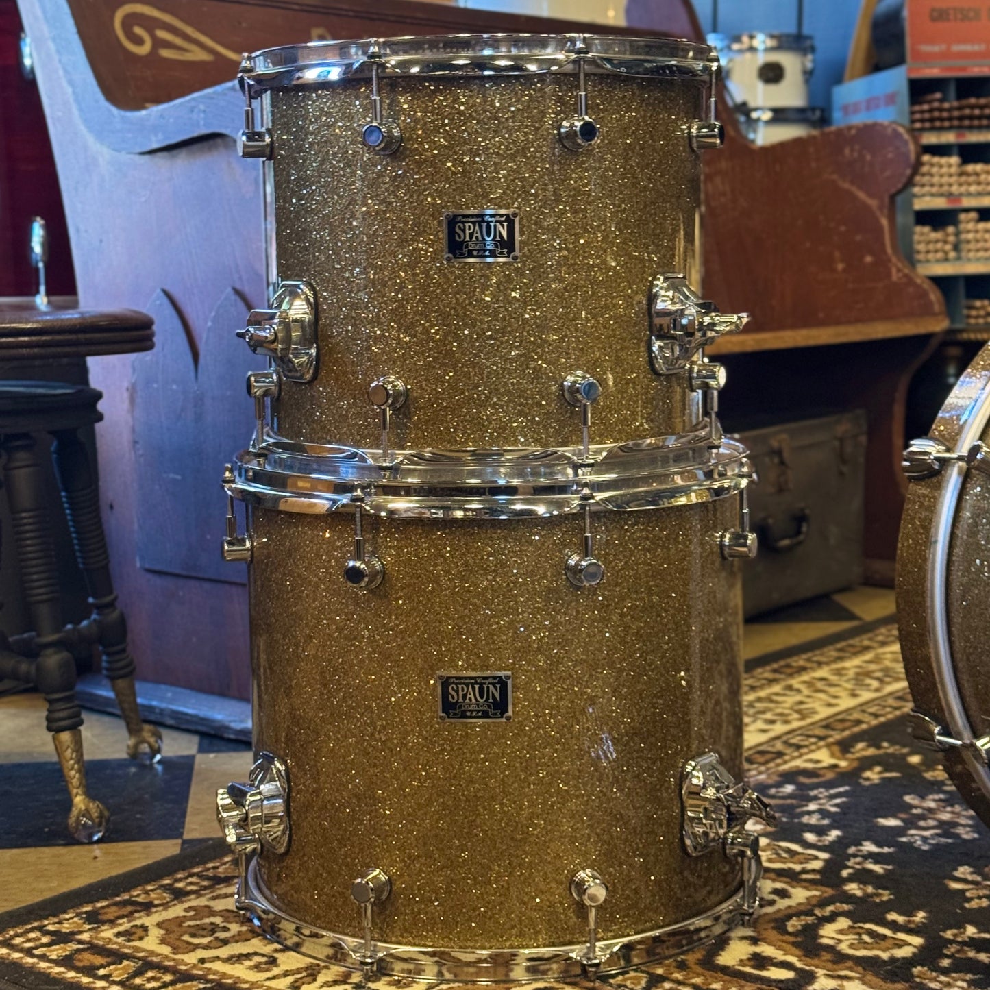 USED 2001 Spaun Drum Set in Gold Sparkle -18x20, 7x10, 8x12, 12x14, 14x16