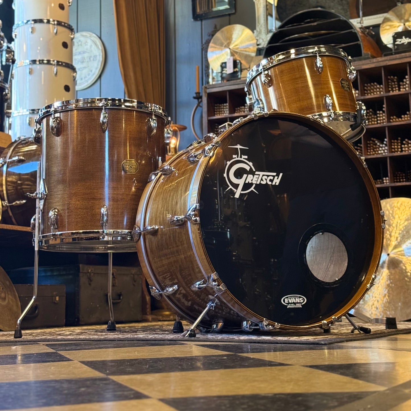 VINTAGE 1970's Gretsch Stop Sign Badge Drum Set in Antique Maple Gloss - 14x22, 9x13, 16x16