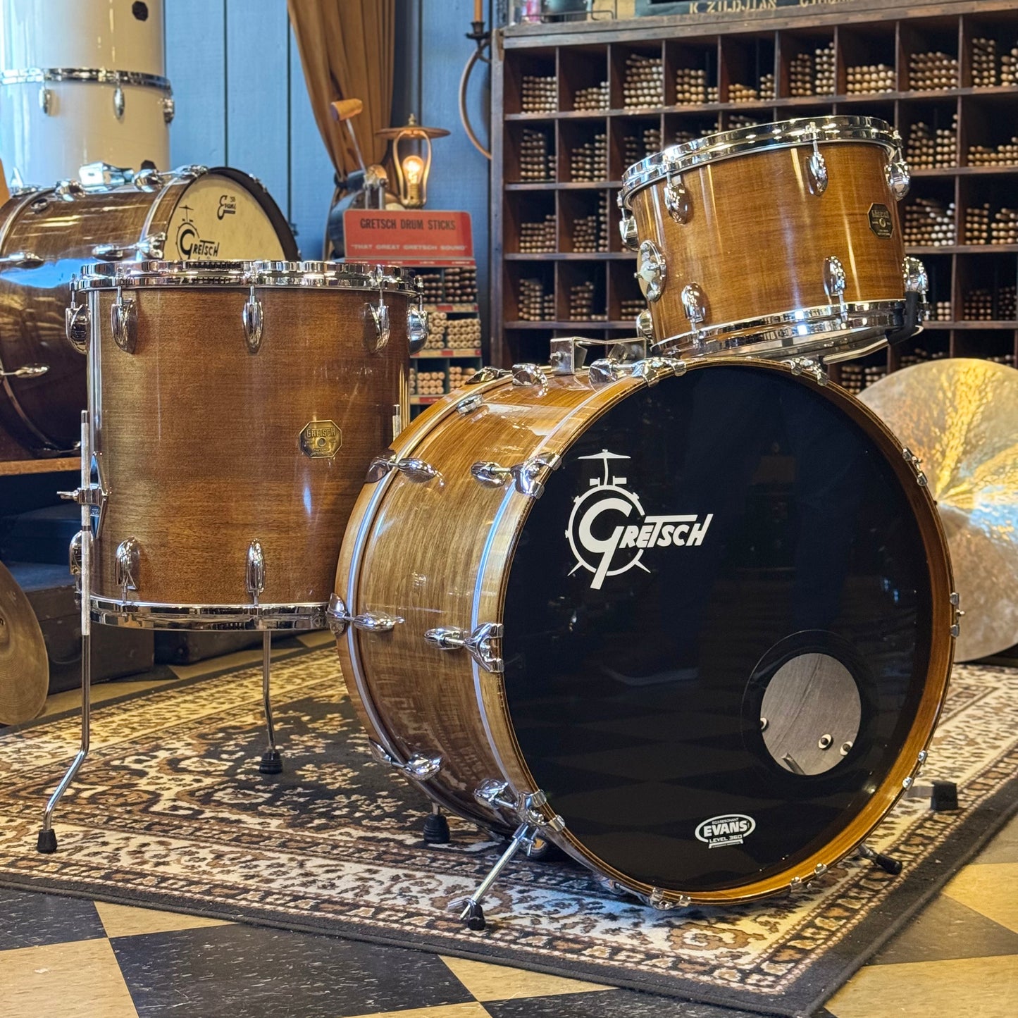 VINTAGE 1970's Gretsch Stop Sign Badge Drum Set in Antique Maple Gloss - 14x22, 9x13, 16x16