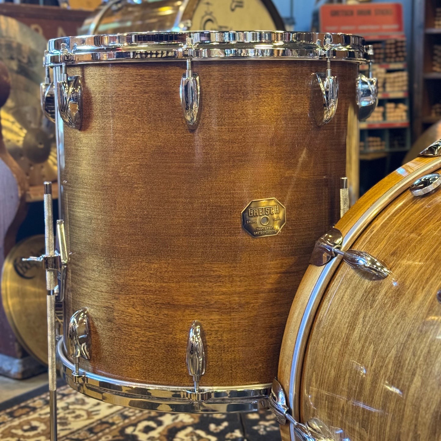 VINTAGE 1970's Gretsch Stop Sign Badge Drum Set in Antique Maple Gloss - 14x22, 9x13, 16x16