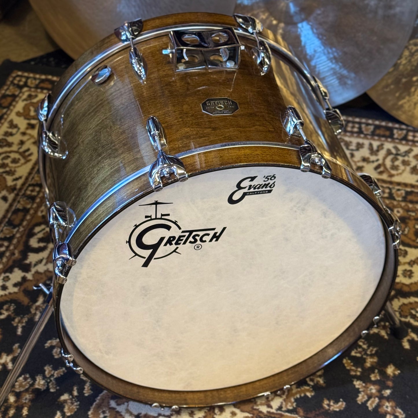 VINTAGE 1970's Gretsch Stop Sign Badge 14x20 Bass Drum in Antique Maple Gloss
