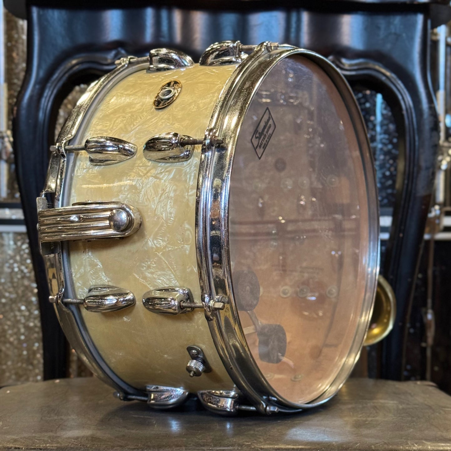 VINTAGE 1960's 6.5x14 Slingerland Radio King Gene Krupa Model in White Marine Pearl