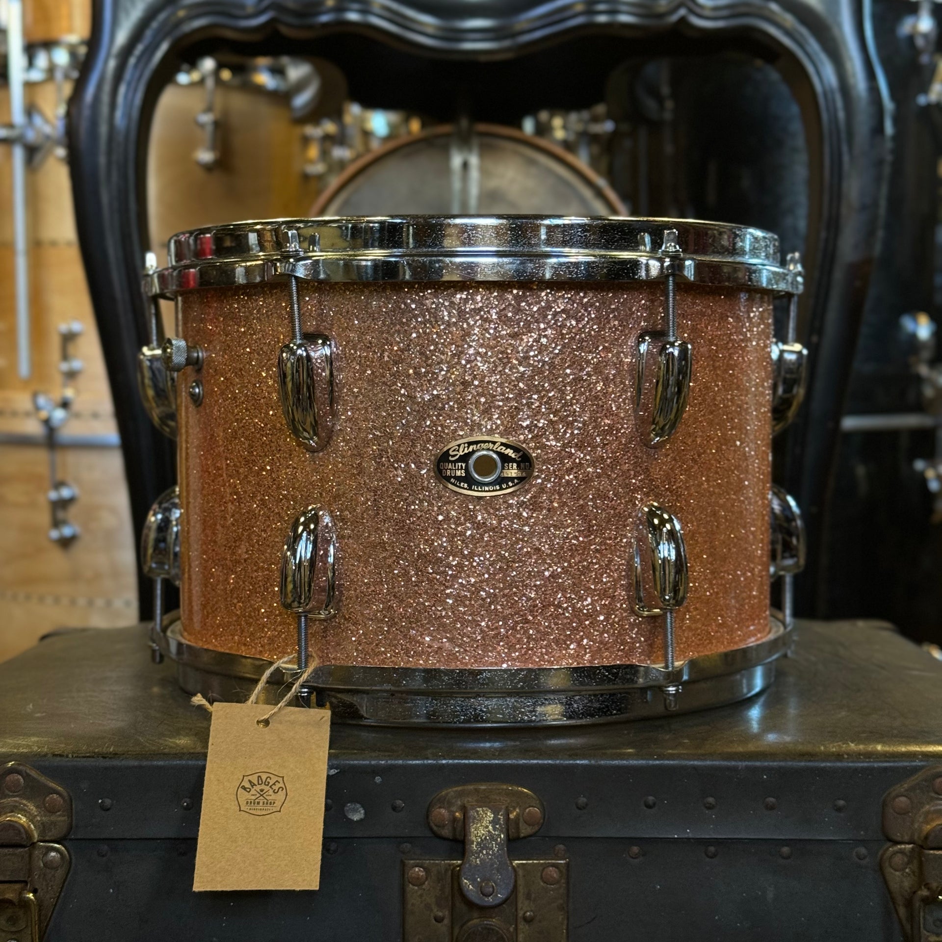 VINTAGE 1950's Slingerland 8x12 Tom in Pink Sparkle Pearl – Badges