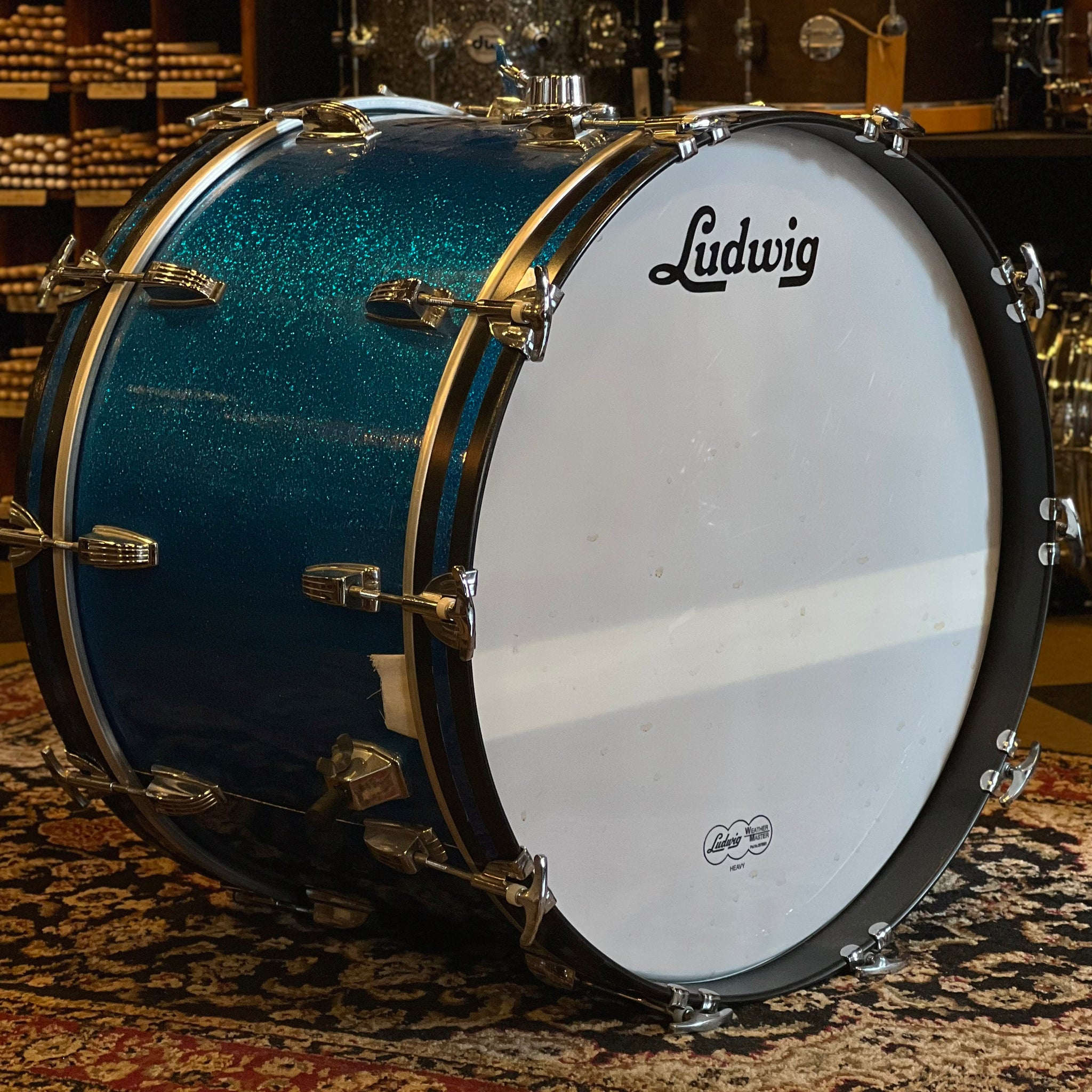VINTAGE Ludwig 1970's Blue & Olive Badge Bass Drum in Blue Sparkle 1