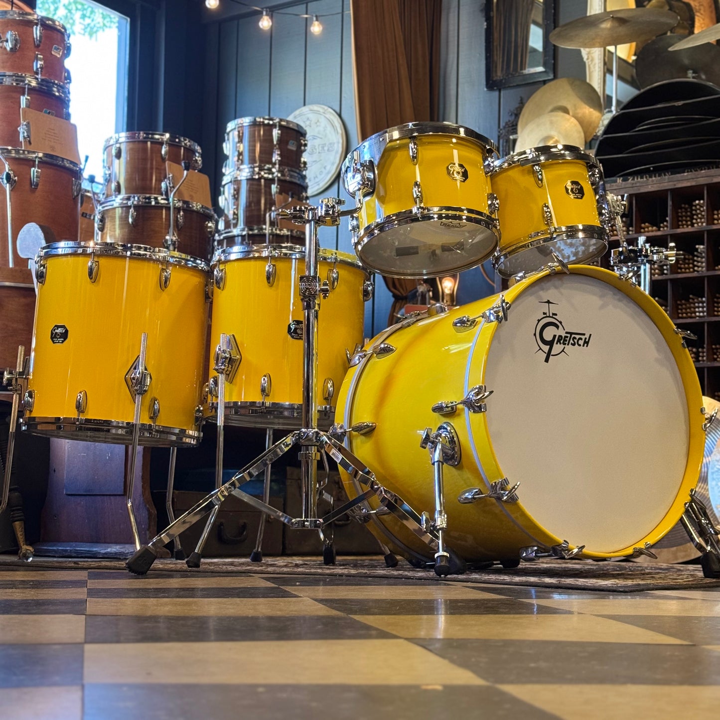 USED 2000's Gretsch USA Custom Drum Set in Tony Williams Yellow (Solid Yellow Gloss) - 18x22, 8x10, 9x12, 14x14, 16x16