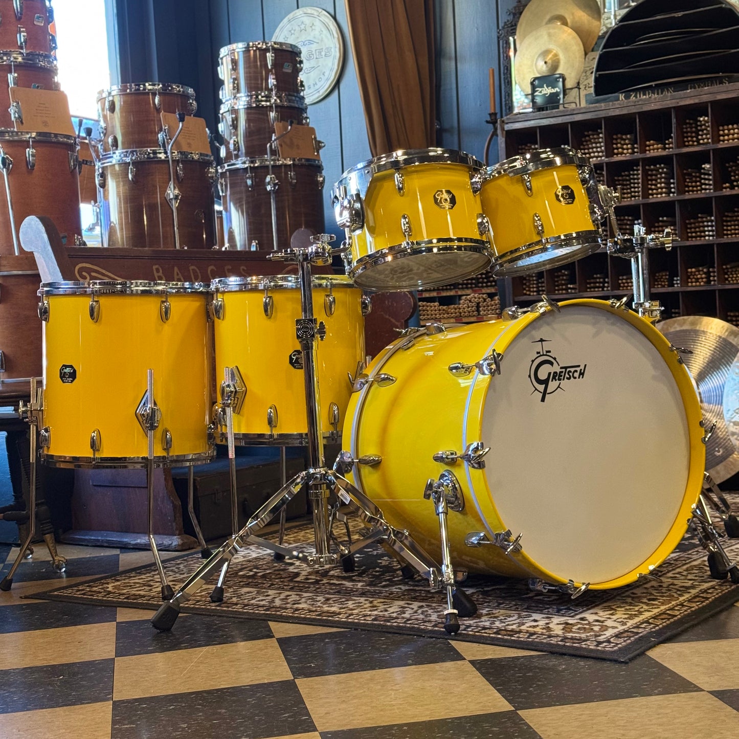 USED 2000's Gretsch USA Custom Drum Set in Tony Williams Yellow (Solid Yellow Gloss) - 18x22, 8x10, 9x12, 14x14, 16x16