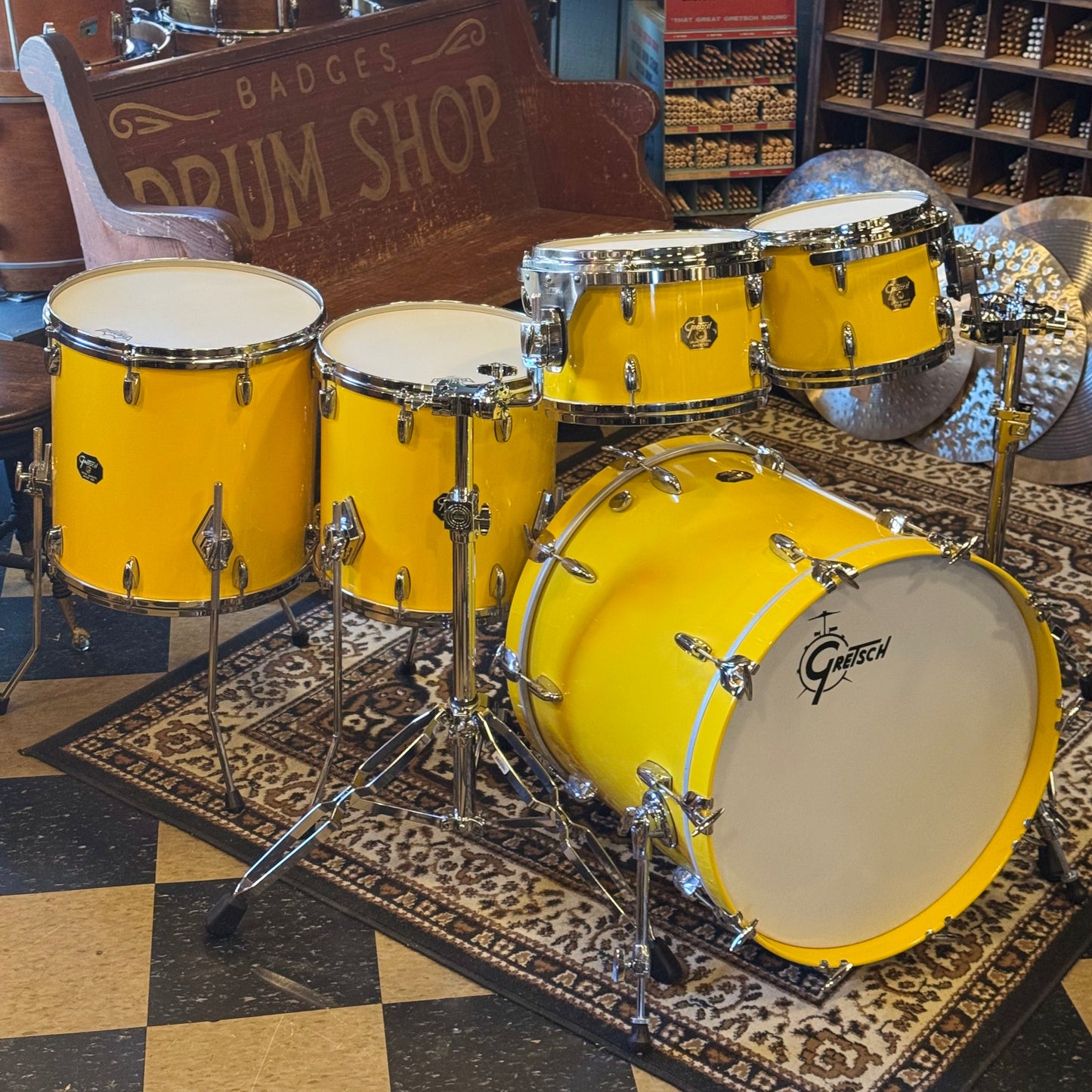 USED 2000's Gretsch USA Custom Drum Set in Tony Williams Yellow (Solid Yellow Gloss) - 18x22, 8x10, 9x12, 14x14, 16x16