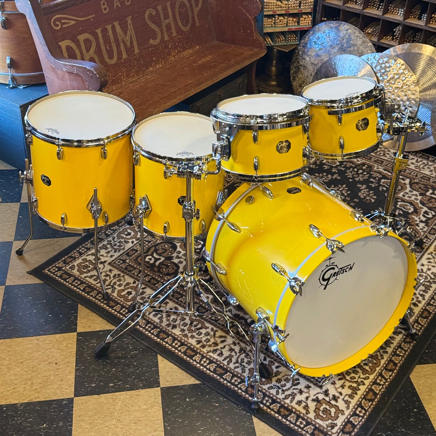 USED 2000's Gretsch USA Custom Drum Set in Tony Williams Yellow (Solid Yellow Gloss) - 18x22, 8x10, 9x12, 14x14, 16x16