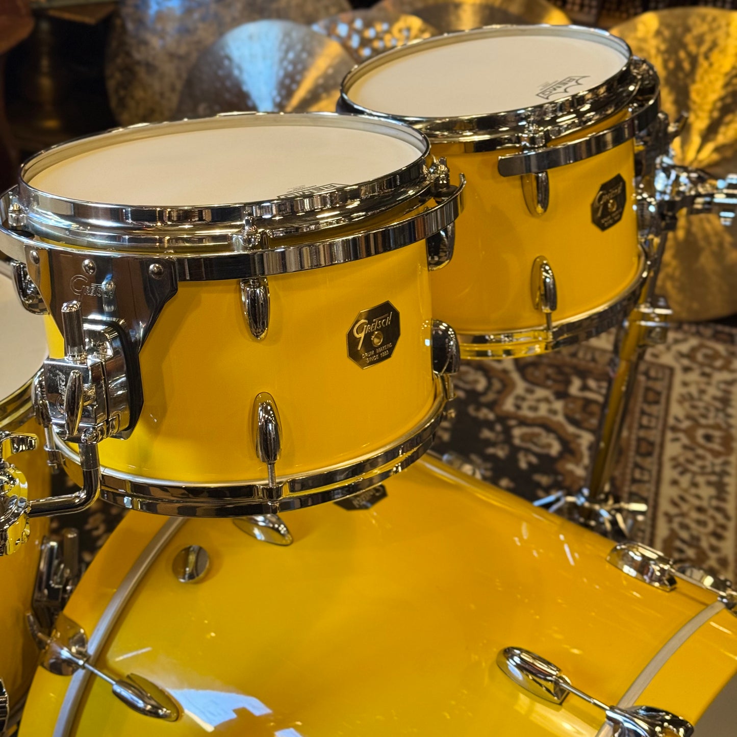 USED 2000's Gretsch USA Custom Drum Set in Tony Williams Yellow (Solid Yellow Gloss) - 18x22, 8x10, 9x12, 14x14, 16x16