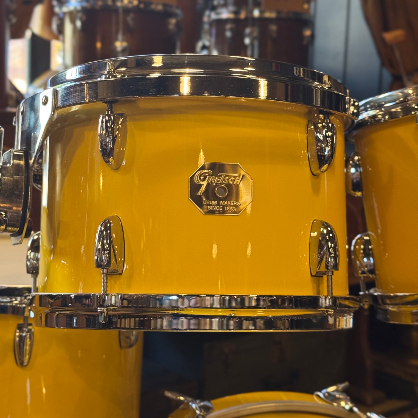 USED 2000's Gretsch USA Custom Drum Set in Tony Williams Yellow (Solid Yellow Gloss) - 18x22, 8x10, 9x12, 14x14, 16x16