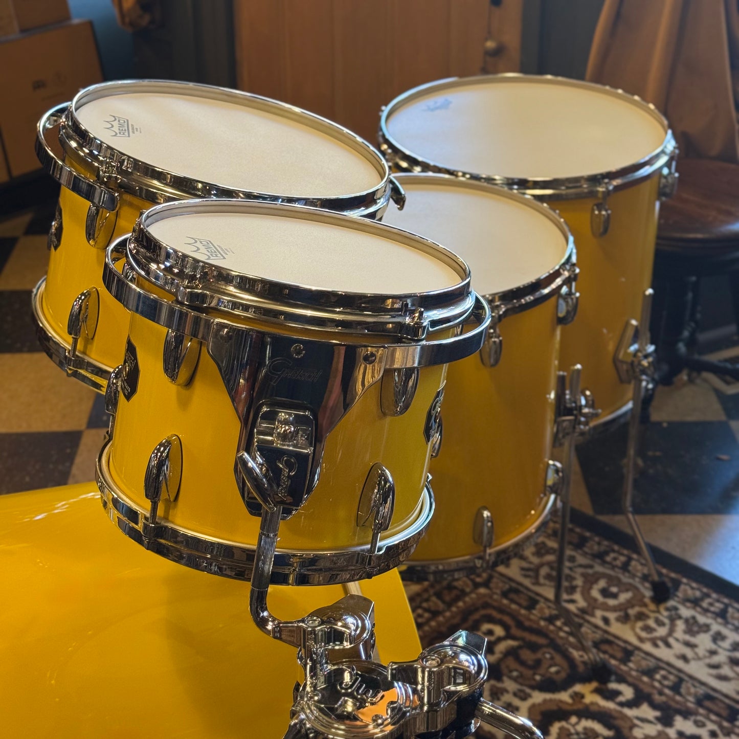 USED 2000's Gretsch USA Custom Drum Set in Tony Williams Yellow (Solid Yellow Gloss) - 18x22, 8x10, 9x12, 14x14, 16x16