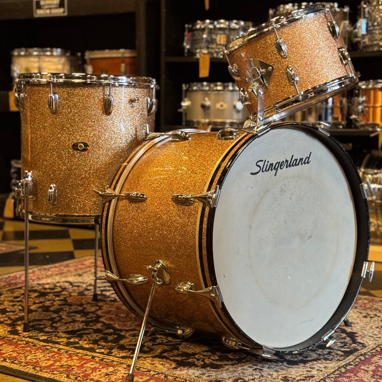 VINTAGE 1960's Slingerland Modern Jazz Outfit in Pink Champagne Sparkle - 14x20, 8x12, 14x14