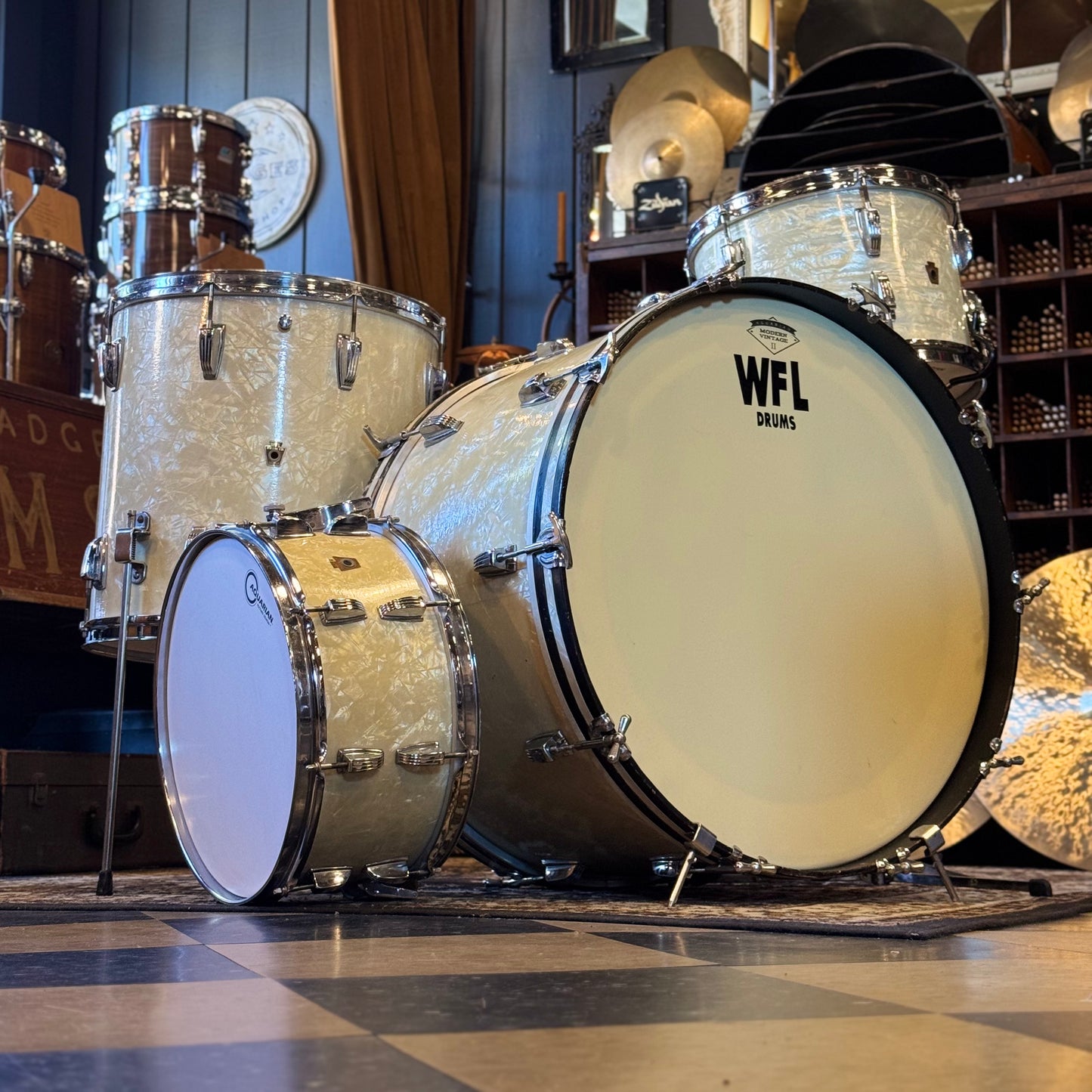 VINTAGE 1950's WFL Drum Set in White Marine Pearl - 14x24, 9x13, 16x16, 6.5x14