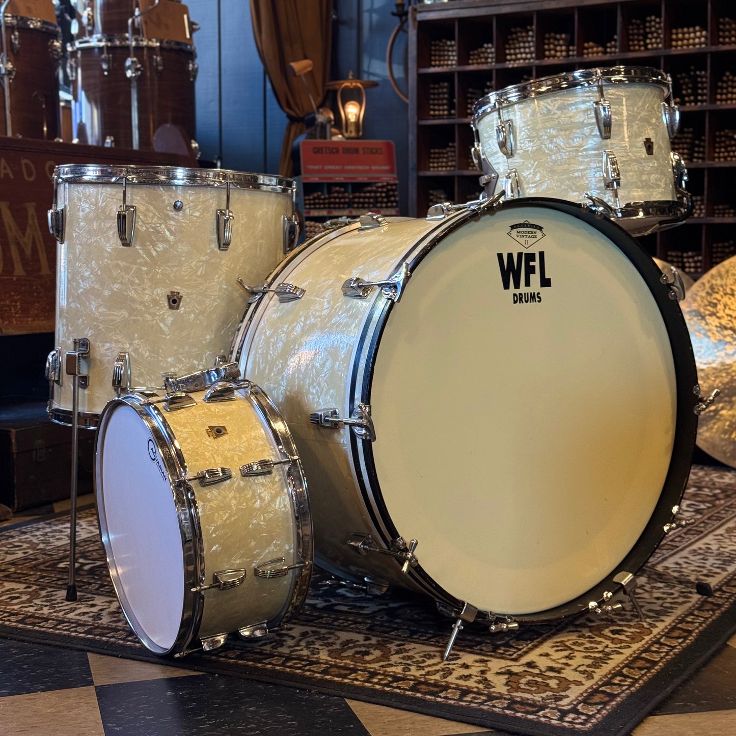 VINTAGE 1950's WFL Drum Set in White Marine Pearl - 14x24, 9x13, 16x16, 6.5x14