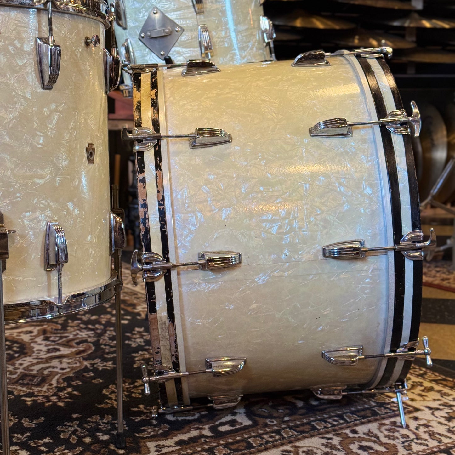 VINTAGE 1950's WFL Drum Set in White Marine Pearl - 14x24, 9x13, 16x16, 6.5x14