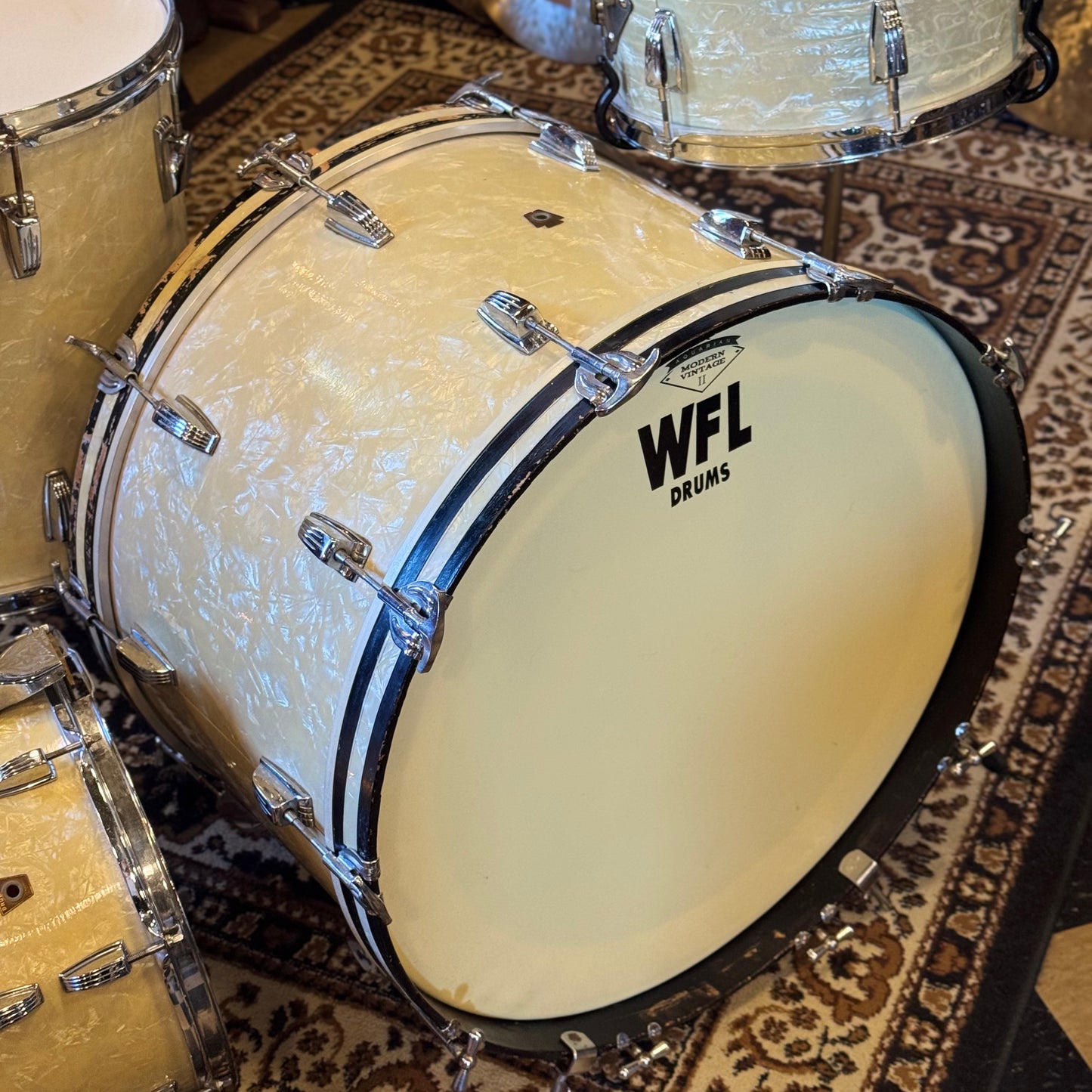 VINTAGE 1950's WFL Drum Set in White Marine Pearl - 14x24, 9x13, 16x16, 6.5x14