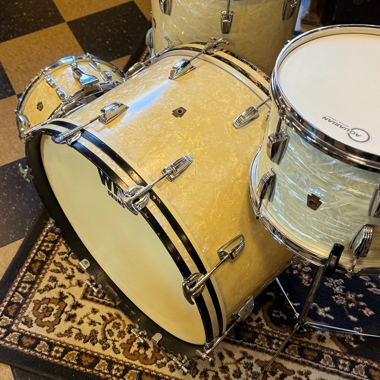 VINTAGE 1950's WFL Drum Set in White Marine Pearl - 14x24, 9x13, 16x16, 6.5x14