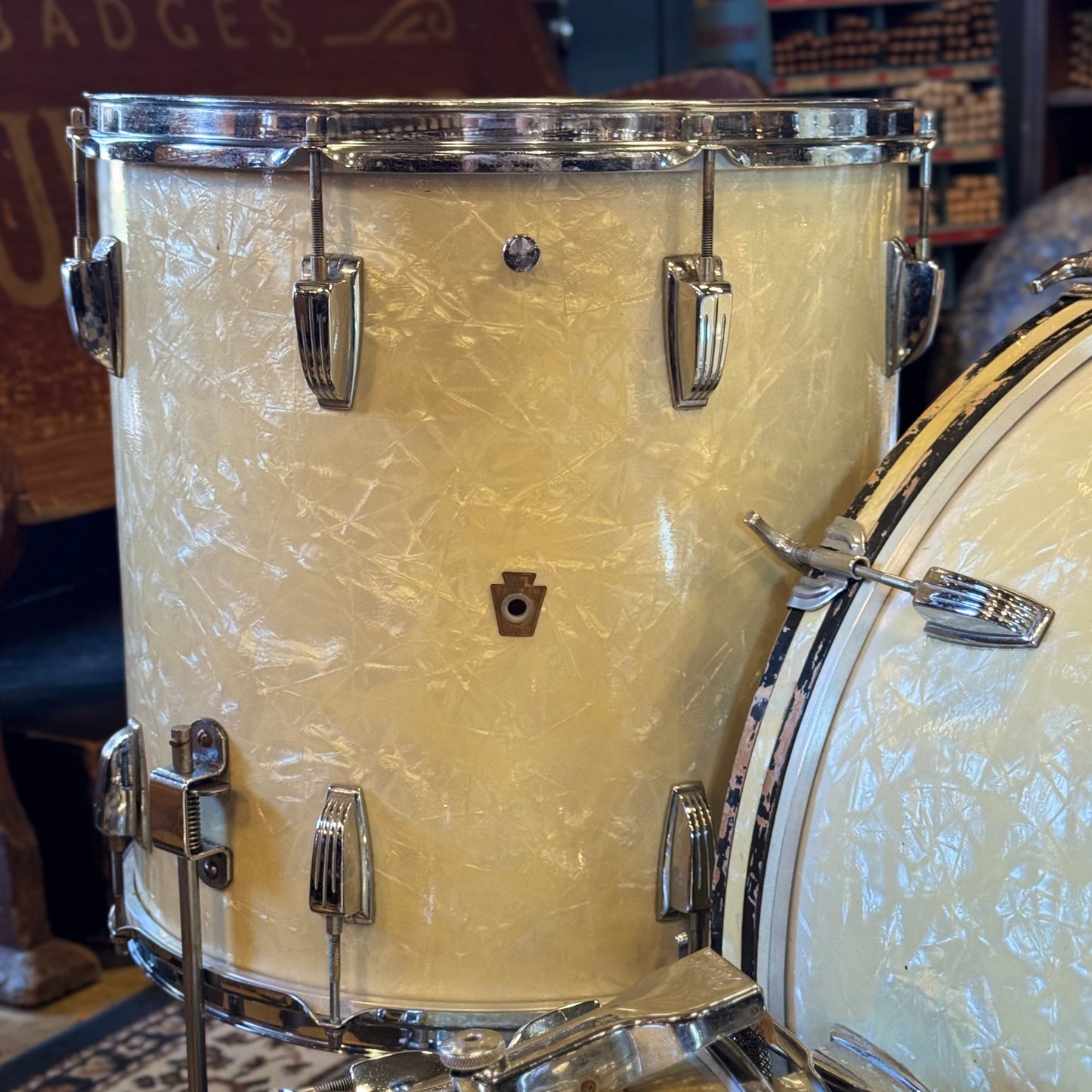VINTAGE 1950's WFL Drum Set in White Marine Pearl - 14x24, 9x13, 16x16, 6.5x14