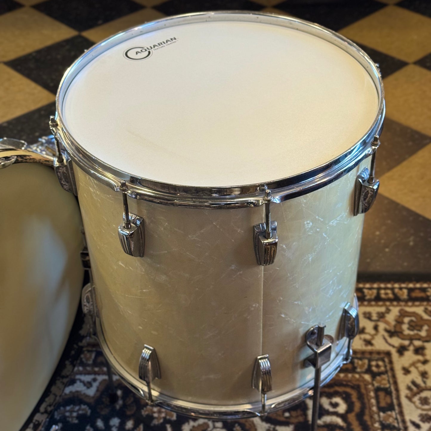 VINTAGE 1950's WFL Drum Set in White Marine Pearl - 14x24, 9x13, 16x16, 6.5x14