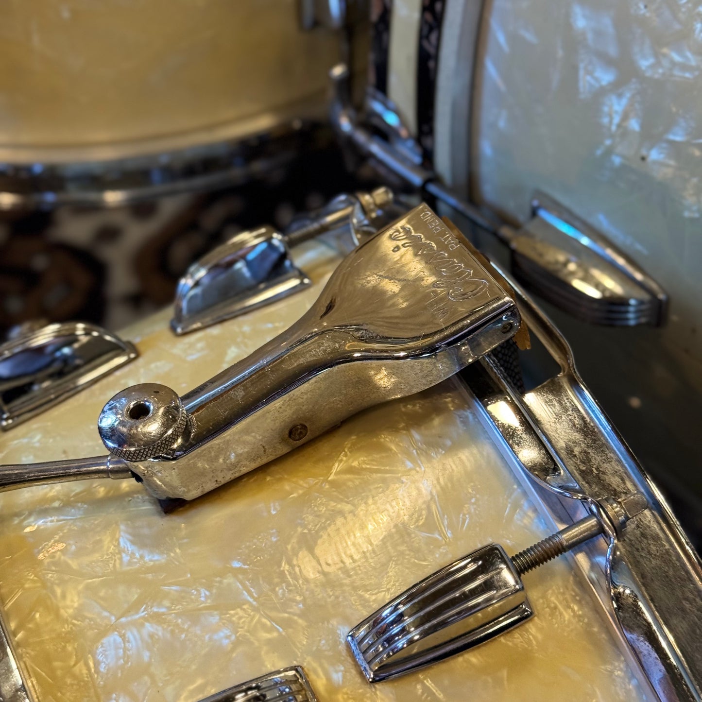 VINTAGE 1950's WFL Drum Set in White Marine Pearl - 14x24, 9x13, 16x16, 6.5x14