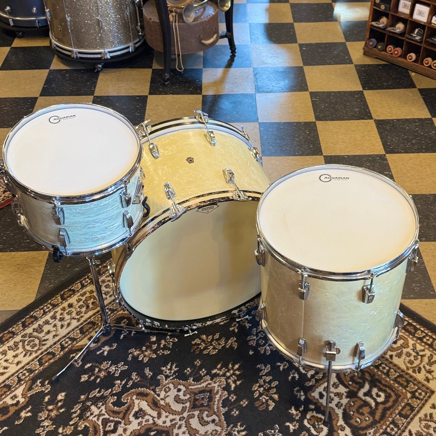 VINTAGE 1950's WFL Drum Set in White Marine Pearl - 14x24, 9x13, 16x16, 6.5x14