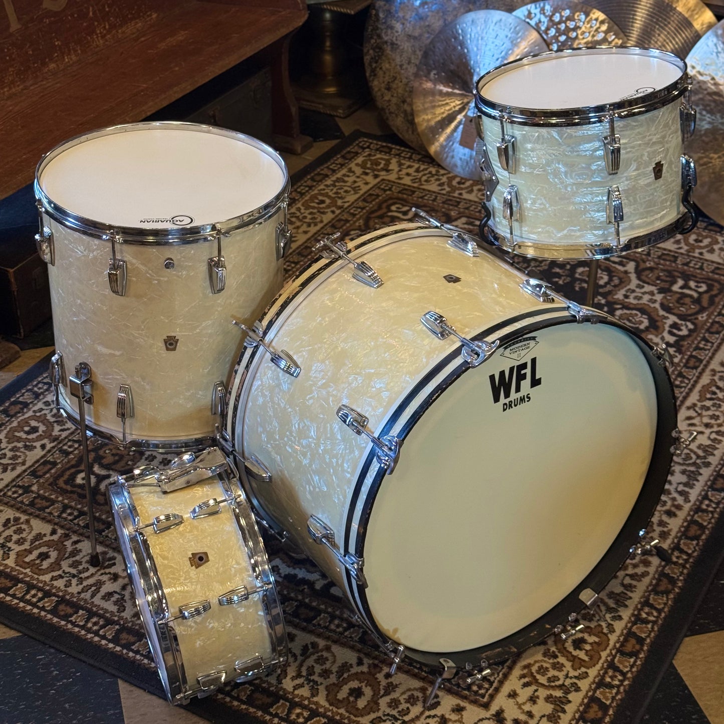 VINTAGE 1950's WFL Drum Set in White Marine Pearl - 14x24, 9x13, 16x16, 6.5x14