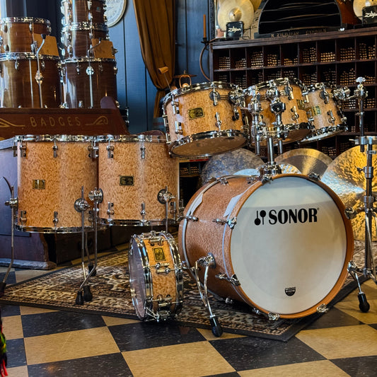 LIMITED EDITION Sonor No. 40/100 Steve Smith 30th Anniversary Signature Drum Set in Birdseye Amber Satin w/5x12 Snare Drum - 16x20, 8x8, 8x10, 8x12, 14x14, 16x16