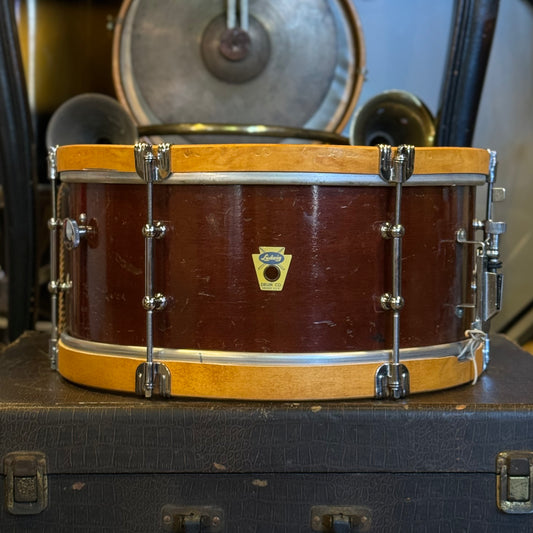 VINTAGE 1950's Ludwig 6.5x14 Transition Badge Pioneer in Mahogany Lacquer w/ Tube Lugs & Wooden Hoops
