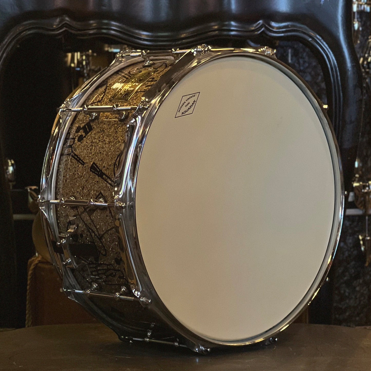 USED Pork Pie 6.5x14 Snare Drum in B20 Glass Glitter over Pig Top Hat & Cane