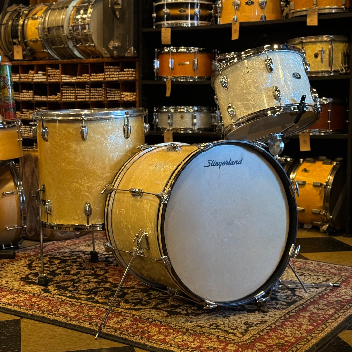 VINTAGE 1960-70 Slingerland in White Marine Pearl - 14x20, 9x13, 16x16