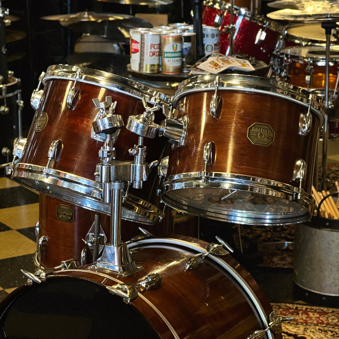 VINTAGE 1971-72 Gretsch Stop Sign Badge Drum Set in Walnut Gloss - 20/12/13/14