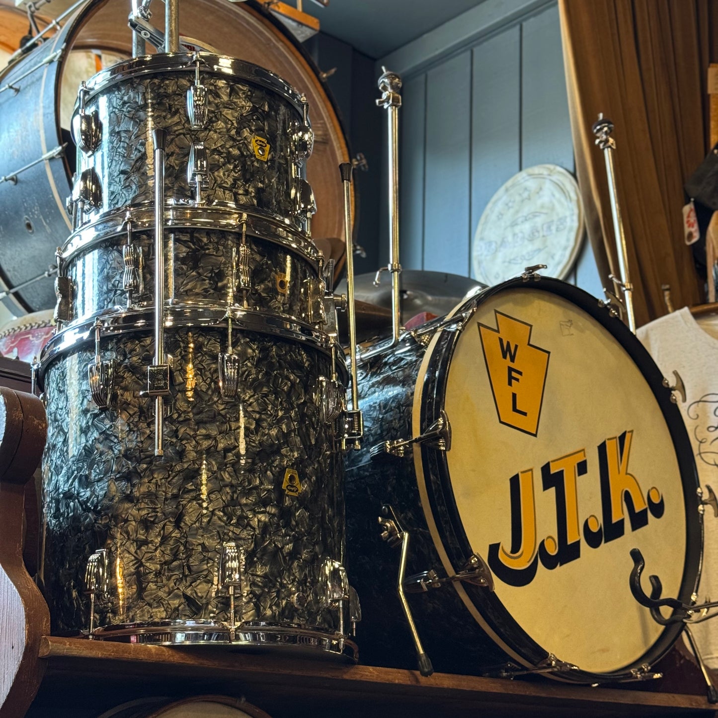 VINTAGE 1957-1958 Ludwig WFL Transition Era Drum Set in Black Diamond Pearl - 14x24, 9x13, 16x16, 5x14