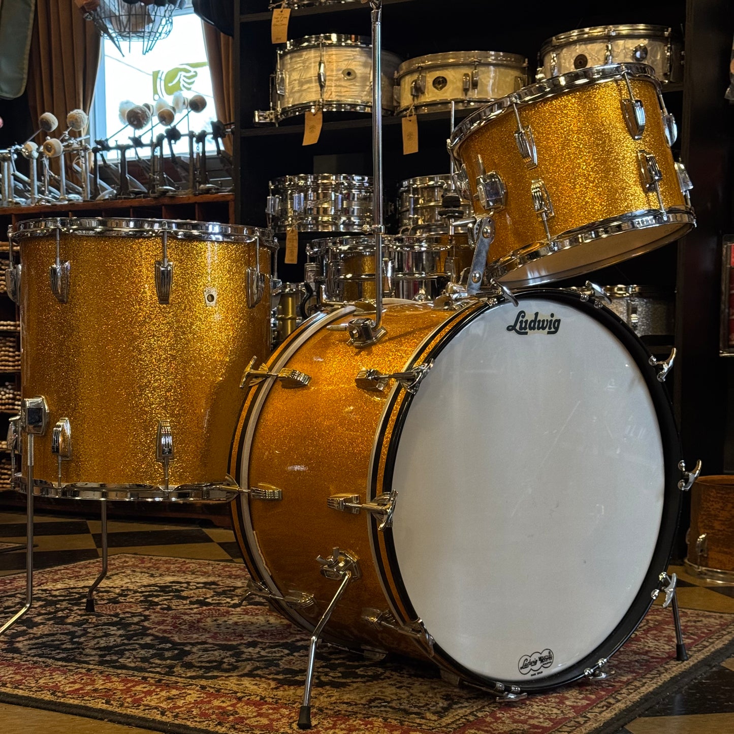 VINTAGE 1965-1966 One-Owner Ludwig Super Classic Outfit in Gold Sparkle w/ Supraphonic & Hardware - 14x22, 9x13, 16x16, 5x14