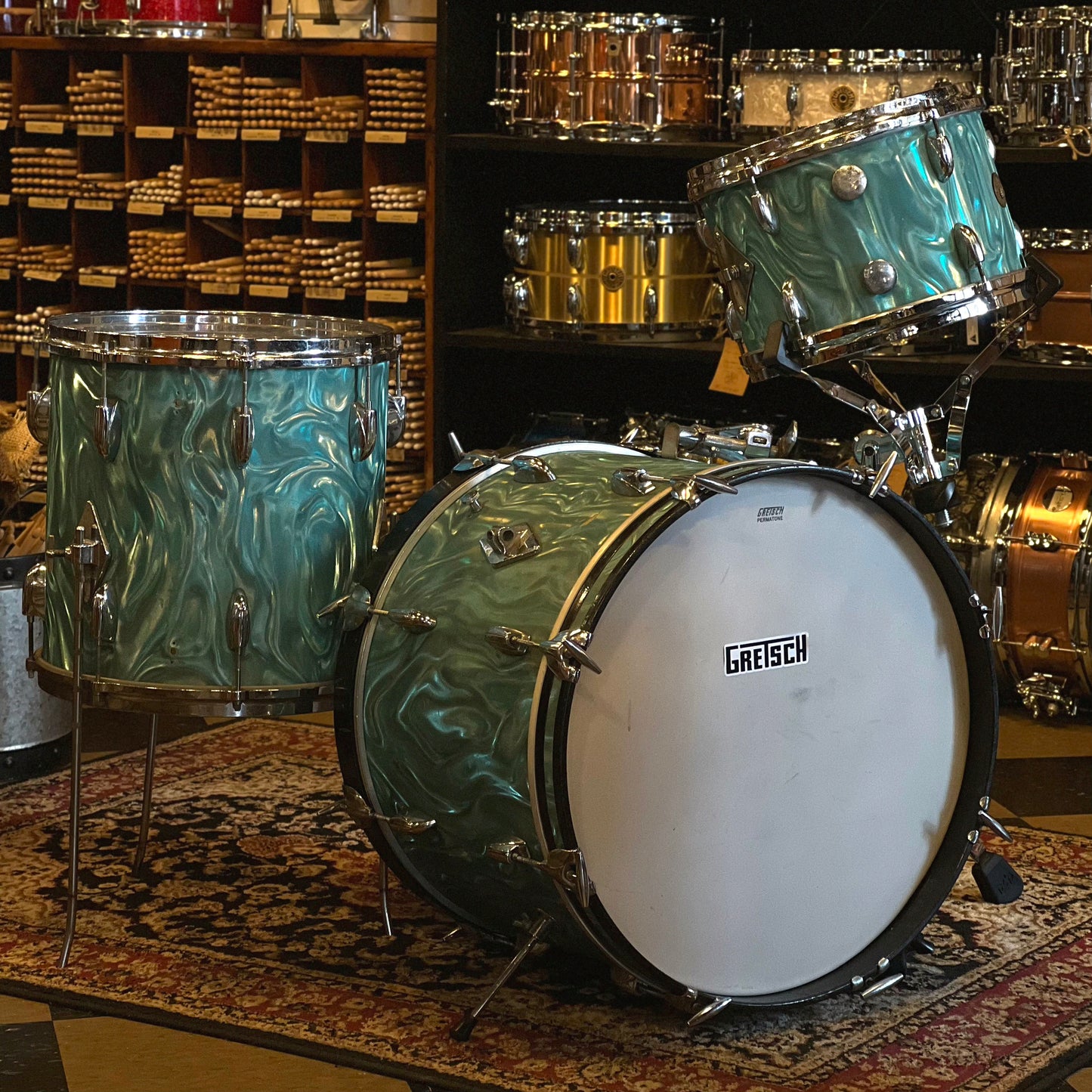 VINTAGE 1960's Gretsch Progressive Jazz Outfit in Satin Aqua Flame - 14x20, 8x12, 14x14