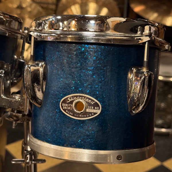 VINTAGE 1970's Slingerland 6" & 8" Bongo Set in Blue Sparkle  w/ Stand