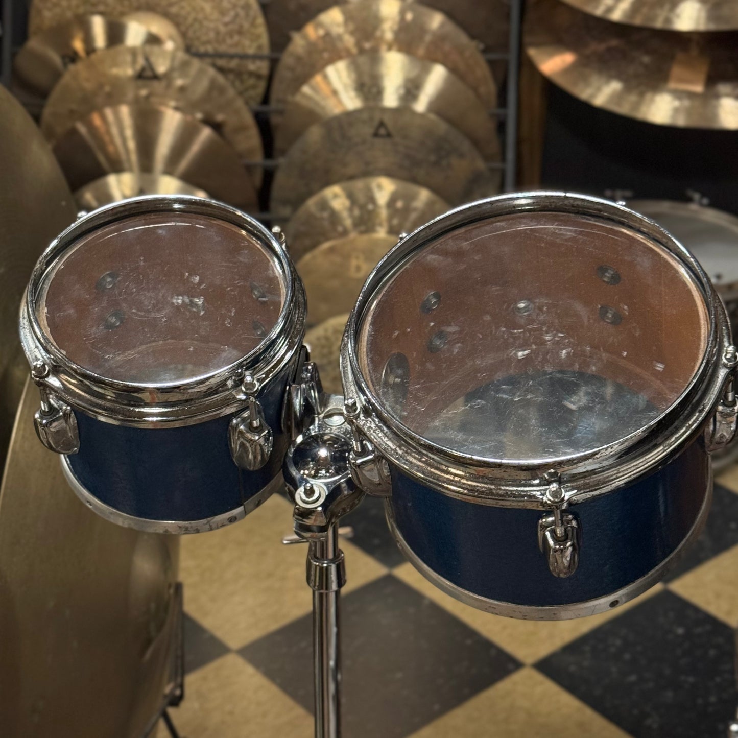 VINTAGE 1970's Slingerland 6" & 8" Bongo Set in Blue Sparkle  w/ Stand