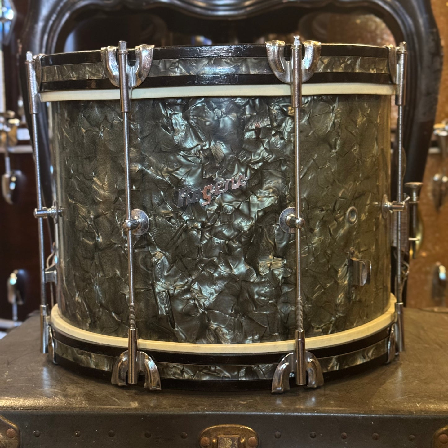 VINTAGE 1950's Rogers 12x14 Marching Snare Drum in Black Diamond Pearl