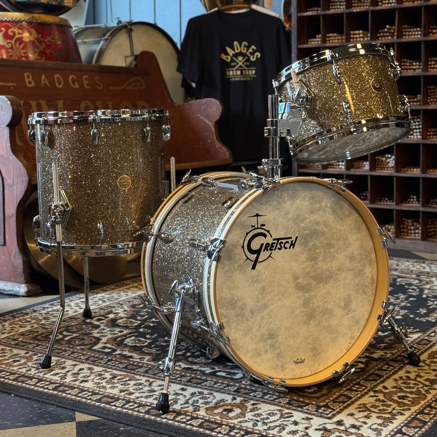 NEW Gretsch USA Custom in Ginger Glass Glitter w/ Satin Natural Bass Drum Hoops - 14x18, 8x12, 14x14